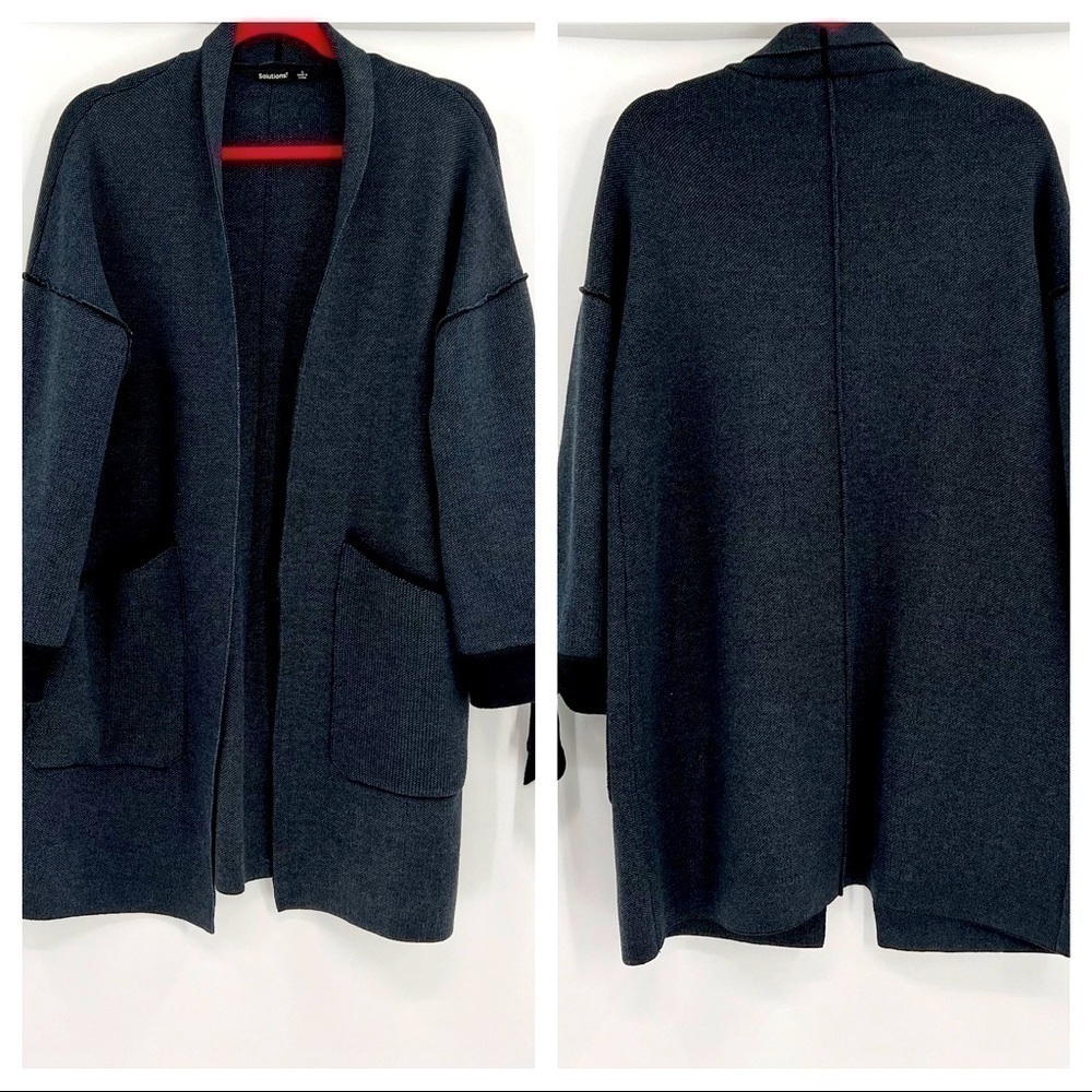 Solutions Navy / Black Long Cardigan Sweater open Front Size S Oversized